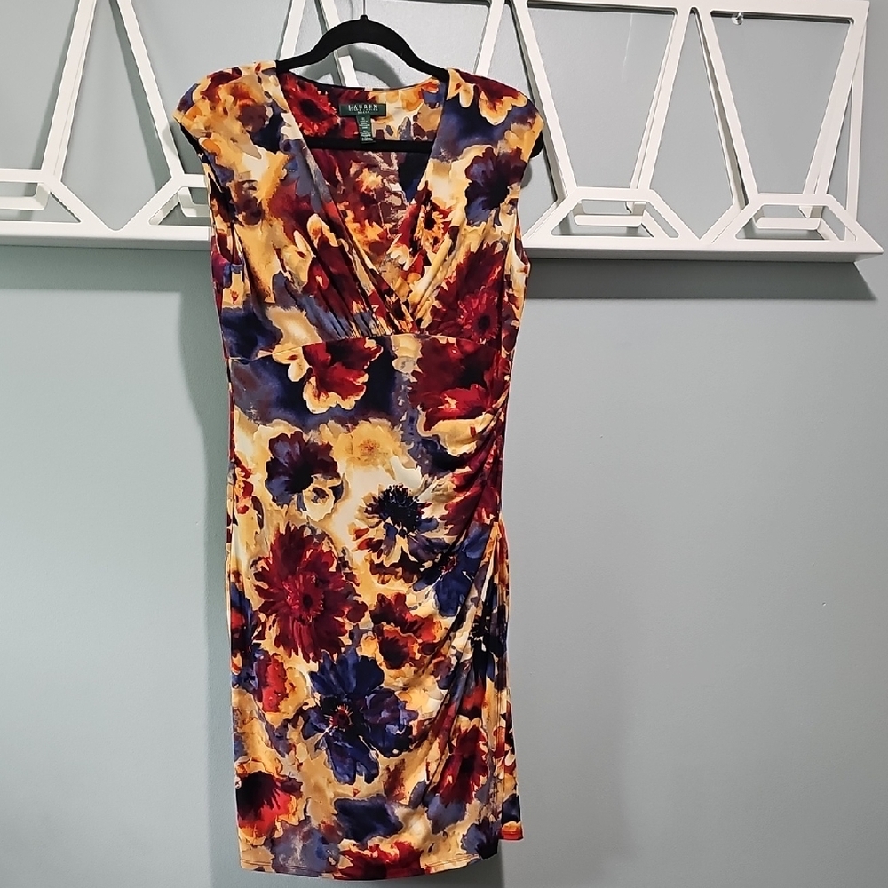 Ralph Lauren Red and Orange Sheath Dress V-Neck Midi